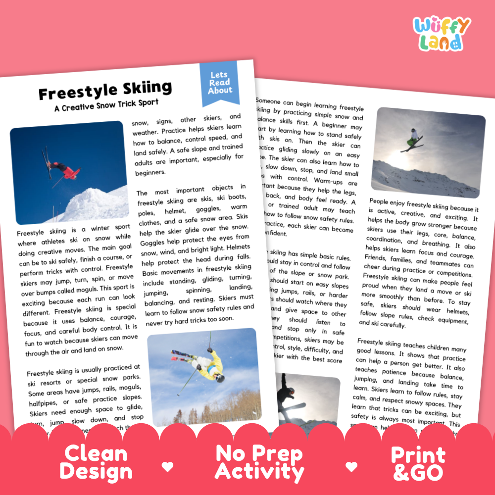 Two printed activity sheets for freestyle skiing displayed on a white background with decorative text banners reading 'Clean Design', 'No Prep Activity', and 'Print & Go'. The sheets show instructional and activity content about skiing terms, safety, and fun skiing concepts.