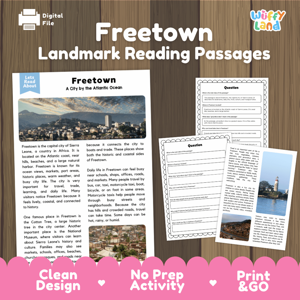 Freetown landmark reading passage and comprehension worksheet educational unit featuring nonfiction text and authentic Sierra Leone Atlantic coastal photography