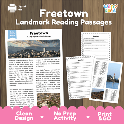 Freetown landmark reading passage and comprehension worksheet educational unit featuring nonfiction text and authentic Sierra Leone Atlantic coastal photography