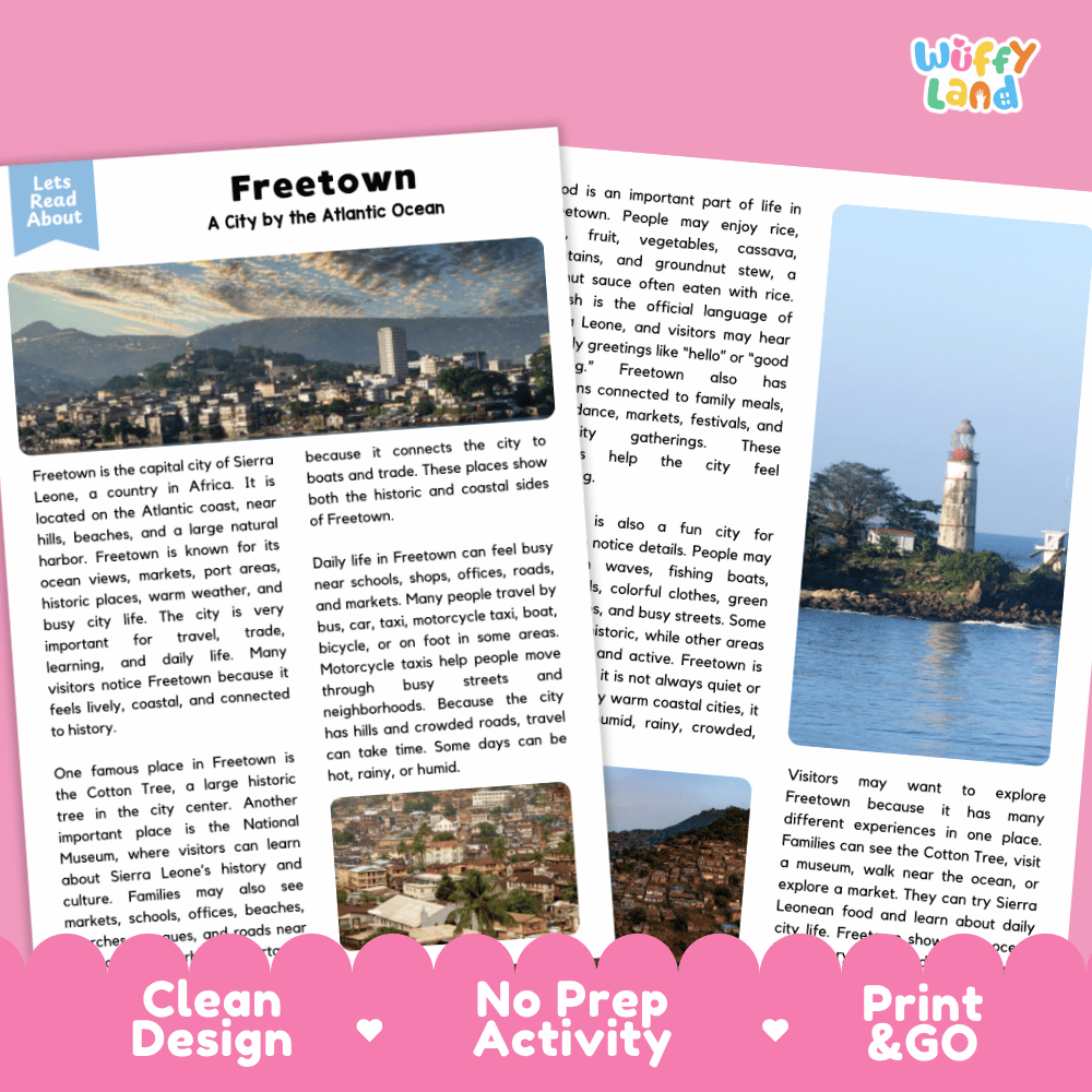 Reference sheet and answer key for Freetown landmark reading passage displaying completed comprehension answers and West African geography facts