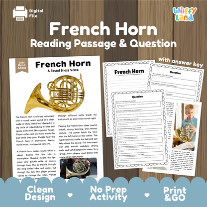 French Horn reading comprehension passage and questions printable activity pack with answer key for elementary students