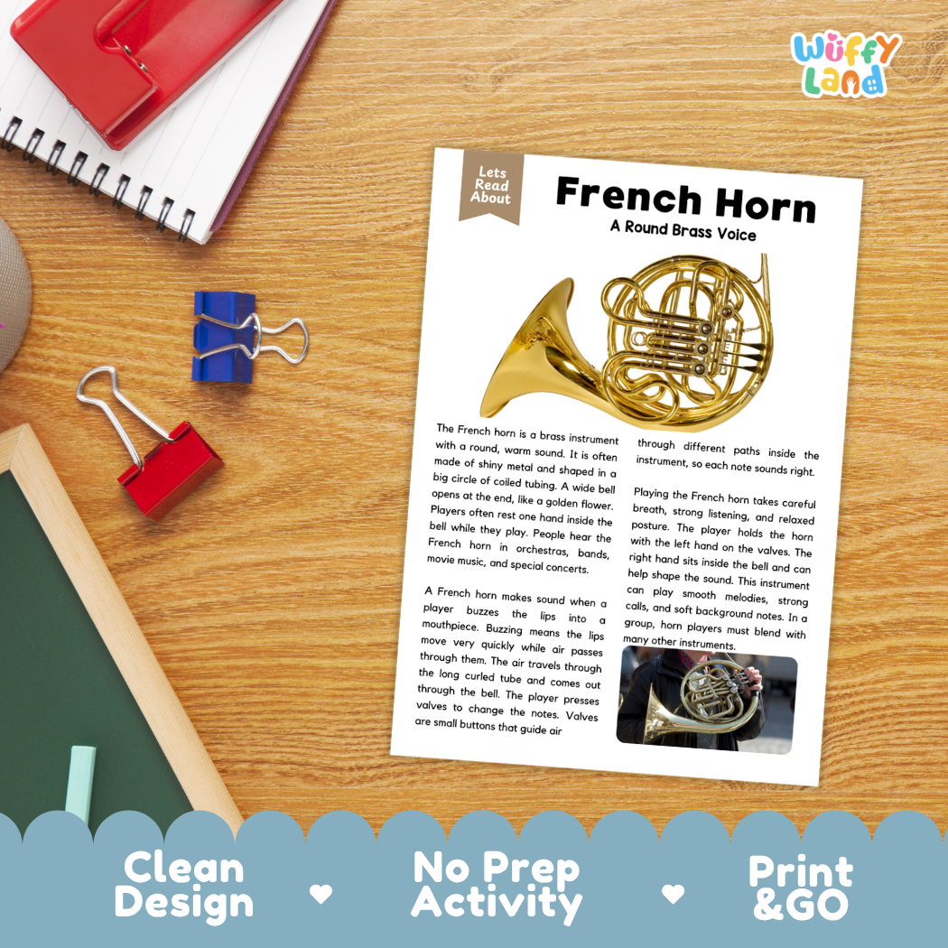 Student reading comprehension worksheet with short-answer questions and lined sections about the French horn instrument