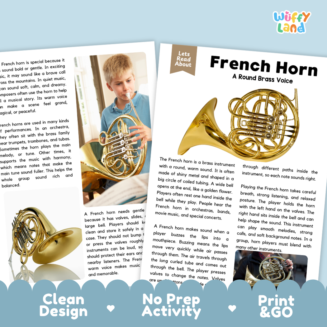 Teacher answer key page showing complete question solutions for French Horn music education reading comprehension practice