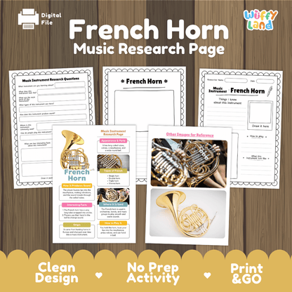French Horn Music Research Page Worksheets and Information Poster