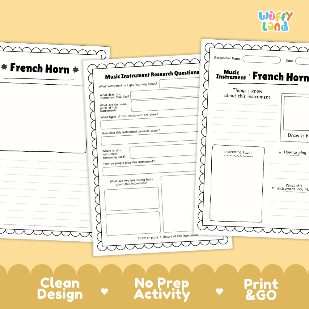 French Horn Music Research Page Worksheets and Information Poster