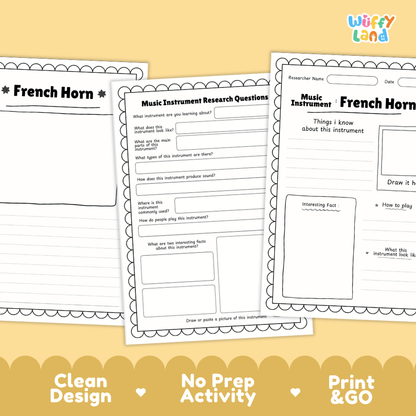 French Horn Music Research Page Worksheets and Information Poster