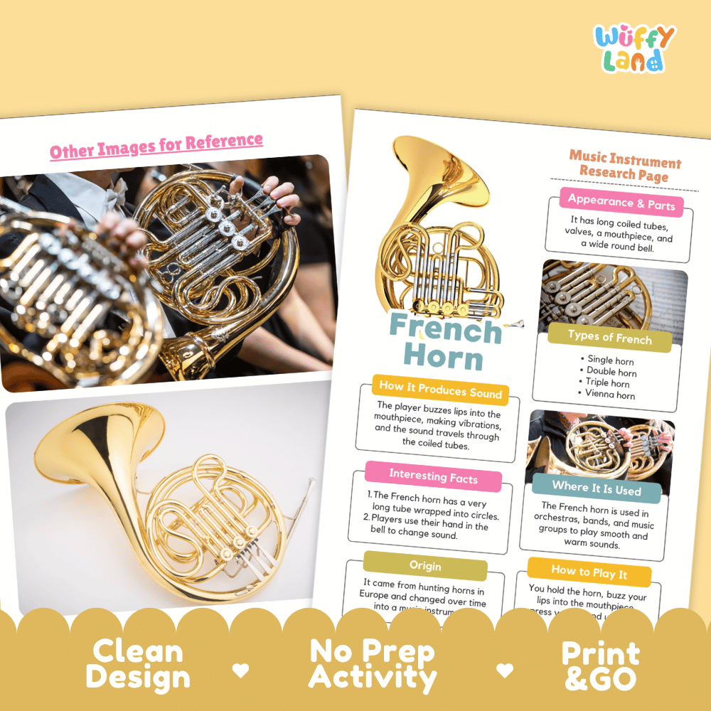 French Horn Music Research Page Worksheets and Information Poster