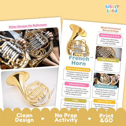 French Horn Music Research Page Worksheets and Information Poster
