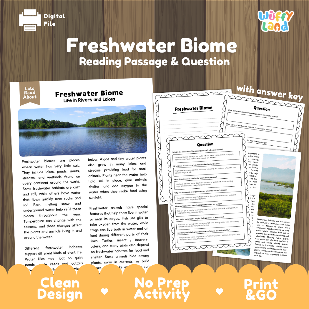 Freshwater Biome reading comprehension passage and questions printable activity pack with answer key for elementary students