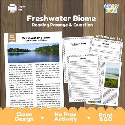 Freshwater Biome reading comprehension passage and questions printable activity pack with answer key for elementary students