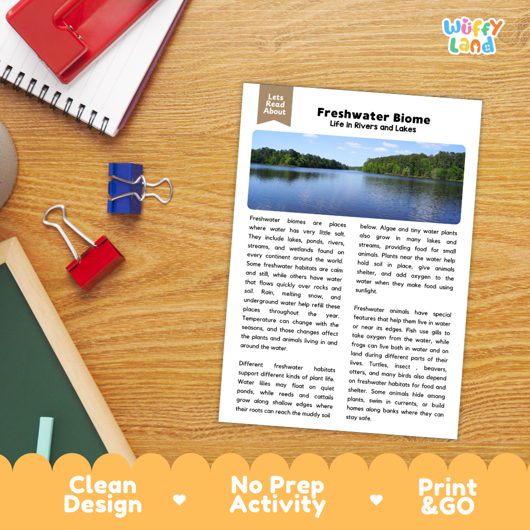 Student reading comprehension worksheet with short-answer questions and lined sections about the freshwater biome