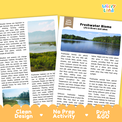Teacher answer key page showing complete question solutions for Freshwater Biome Earth science and biology reading comprehension practice
