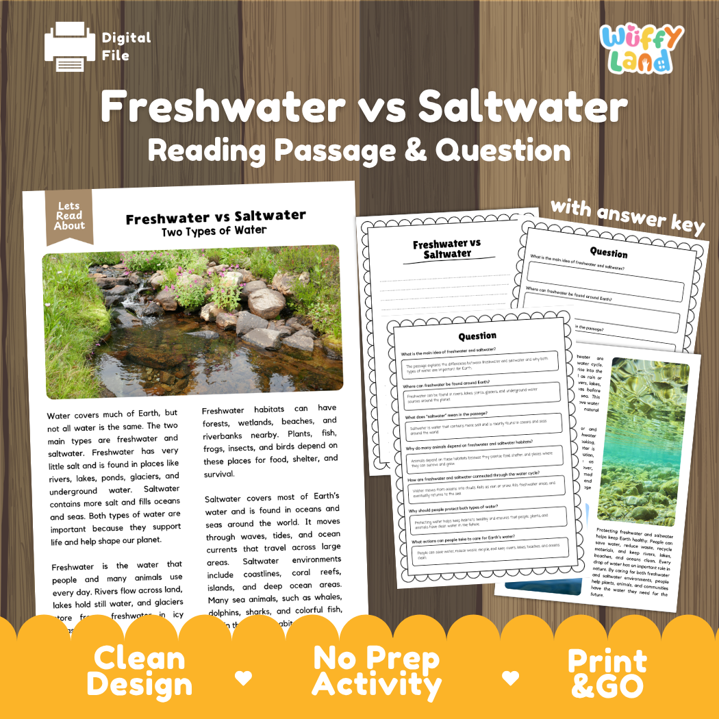 Freshwater vs Saltwater reading comprehension passage and questions printable activity pack with answer key for elementary students