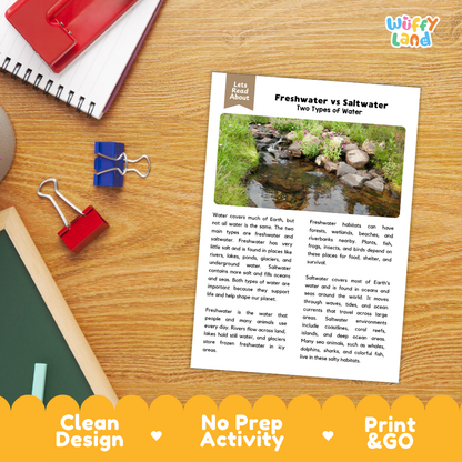 Student reading comprehension worksheet with short-answer questions and lined sections about freshwater and saltwater