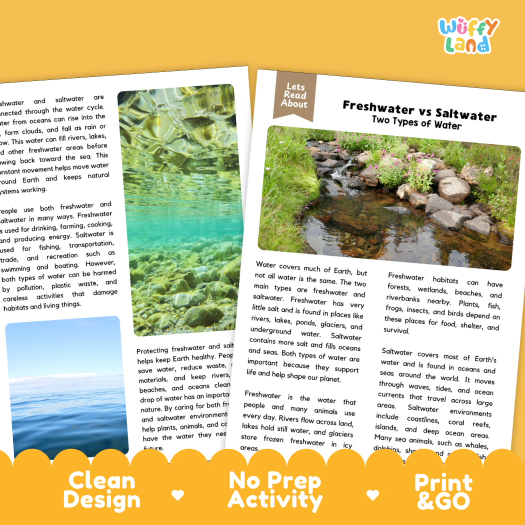 Teacher answer key page showing complete question solutions for Freshwater vs Saltwater Earth science reading comprehension practice