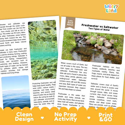 Teacher answer key page showing complete question solutions for Freshwater vs Saltwater Earth science reading comprehension practice