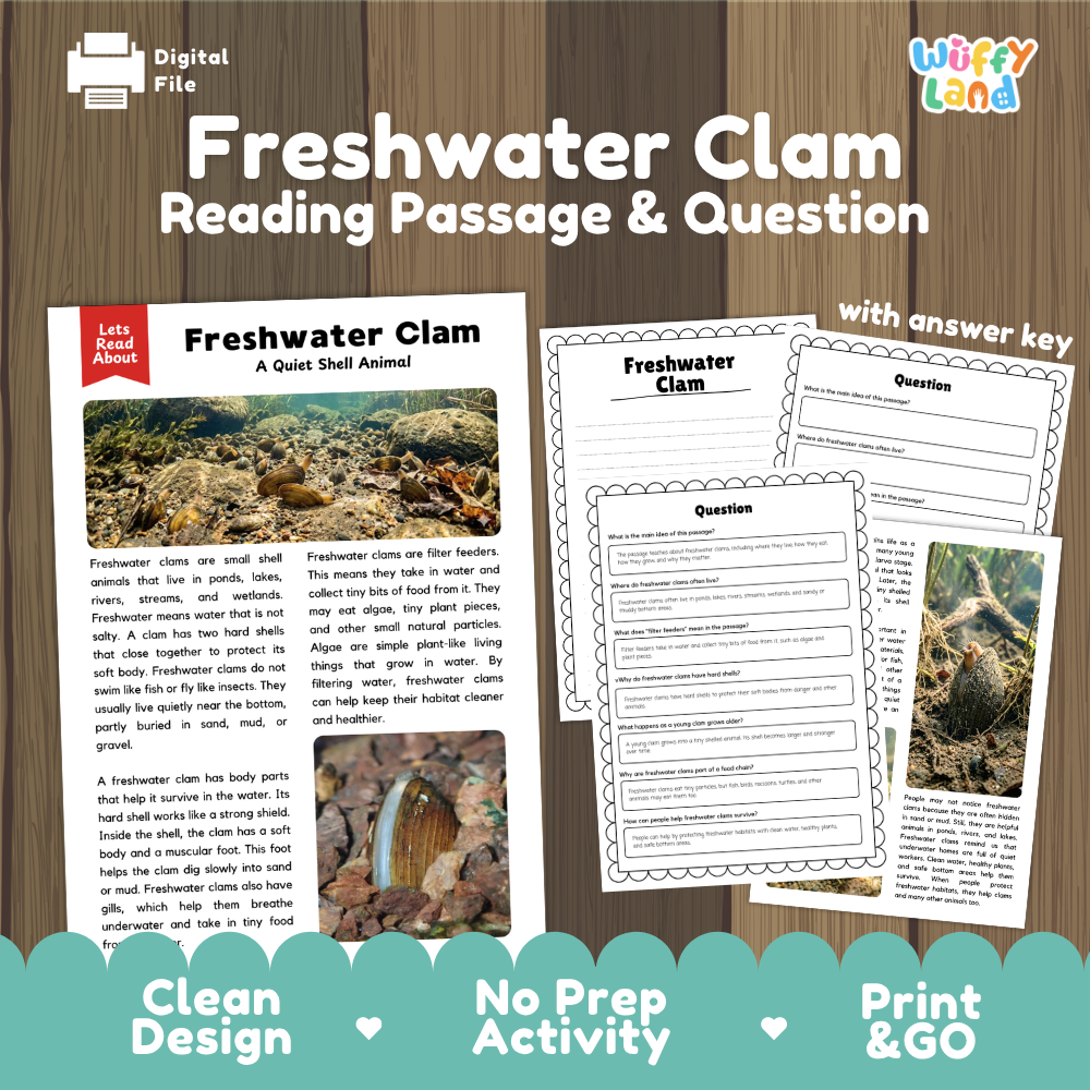Freshwater Clam Reading Passage and Comprehension Questions with Answer Key