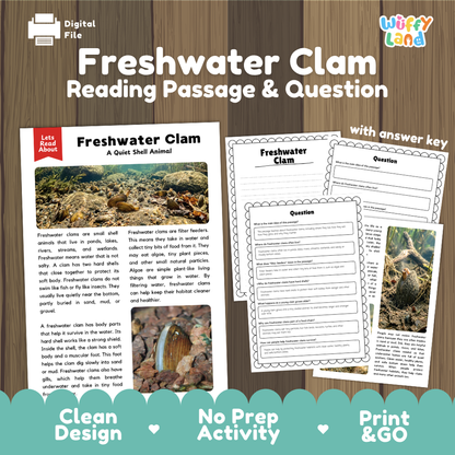 Freshwater Clam Reading Passage and Comprehension Questions with Answer Key