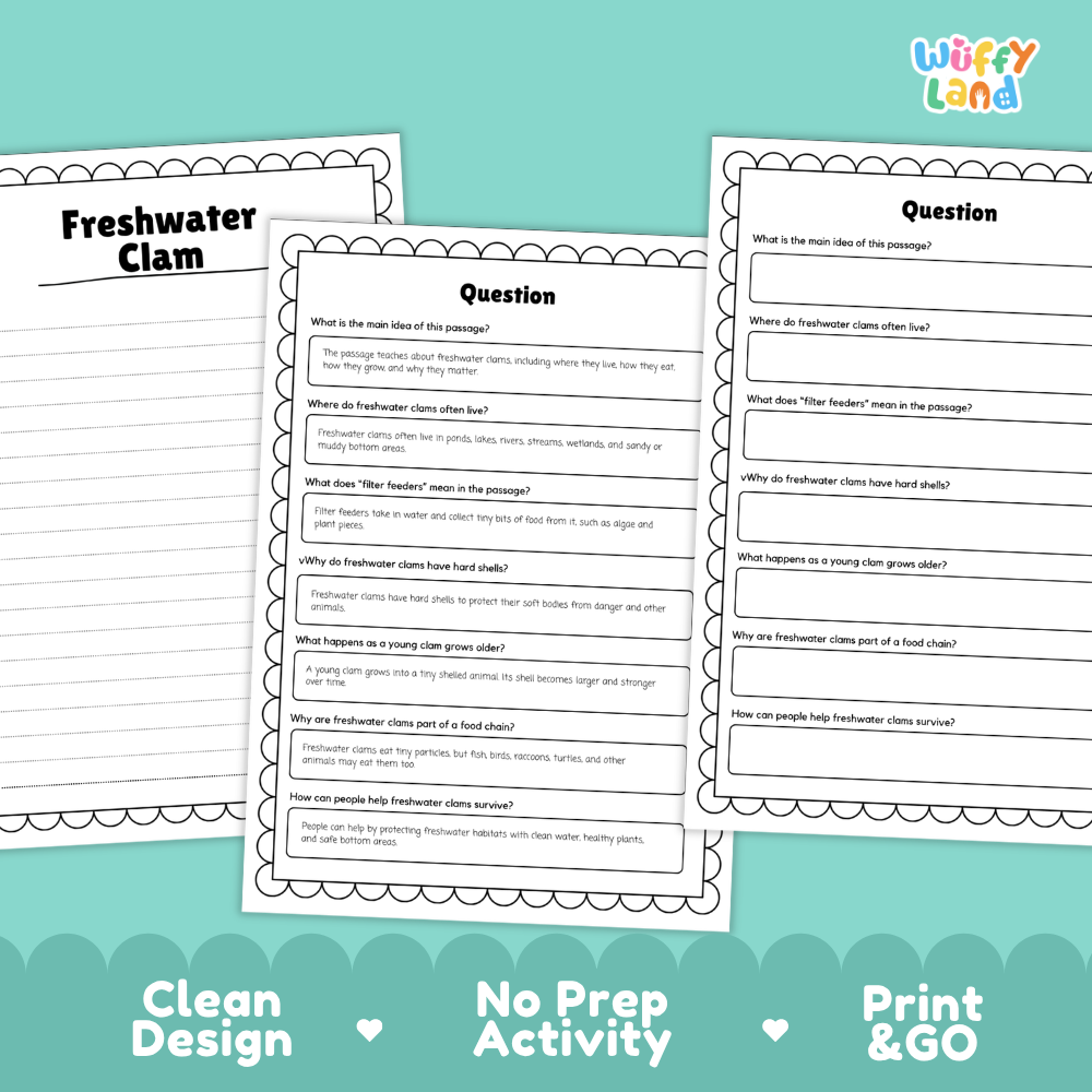 Freshwater Clam Reading Passage and Comprehension Questions with Answer Key