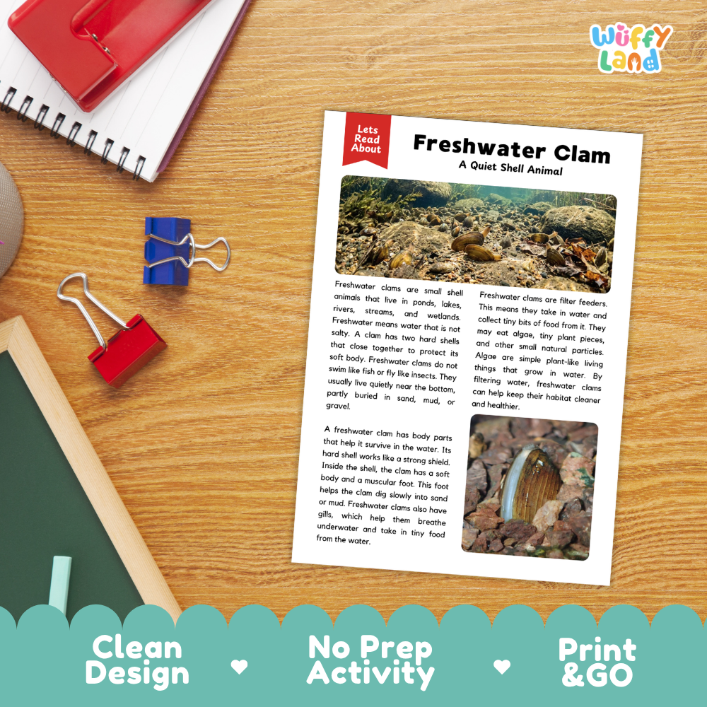 Freshwater Clam Reading Passage and Comprehension Questions with Answer Key