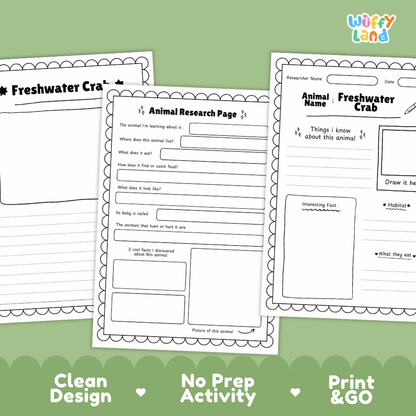 Freshwater Crab Animal Research Page Worksheets and Fact Sheet