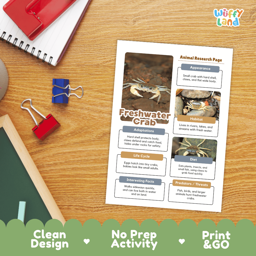 Freshwater Crab Animal Research Page Worksheets and Fact Sheet