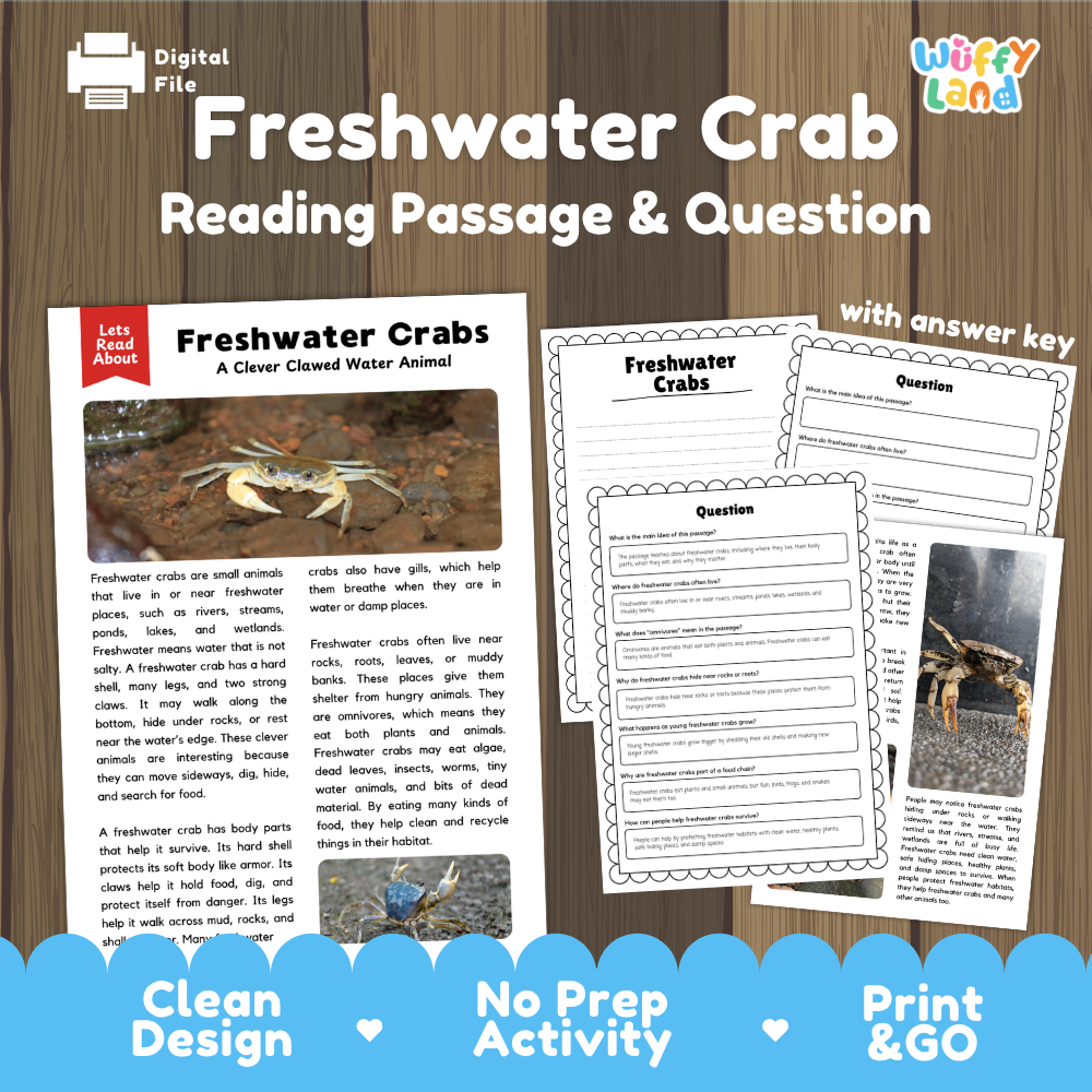 Digital educational worksheet cover for 'Freshwater Crab Reading Passage & Question' by Wiffly Land, shown on a wood background with sample pages and promotional text.
