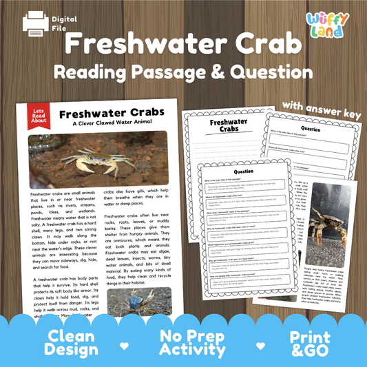Digital educational worksheet cover for 'Freshwater Crab Reading Passage & Question' by Wiffly Land, shown on a wood background with sample pages and promotional text.
