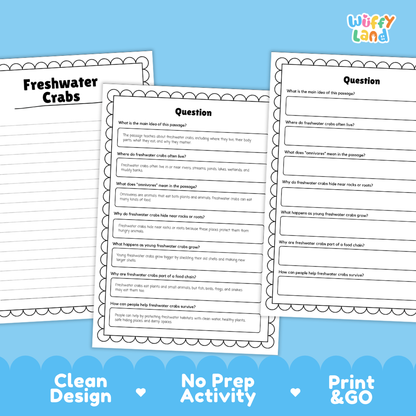 Three printable worksheet pages about freshwater crabs displayed on a light blue background with the brand name Wiffly Land in the top right. The pages show reading comprehension questions with blank lines for writing.