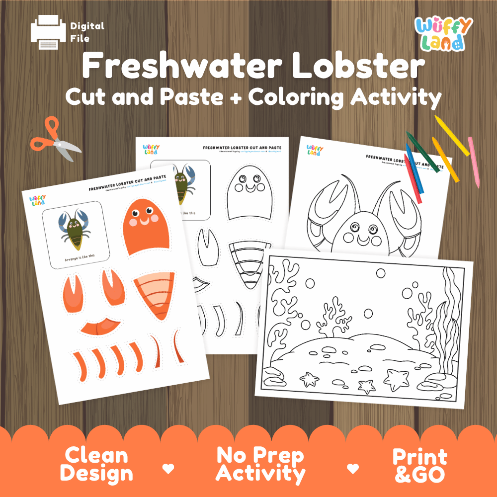 Freshwater Lobster Cut and Paste Craft and Coloring Activity Worksheets