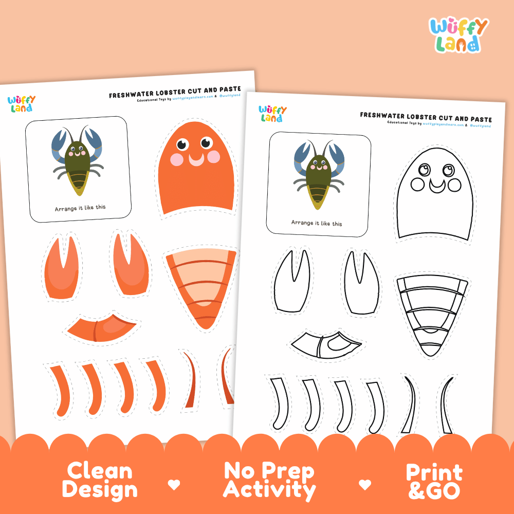Freshwater Lobster Cut and Paste Craft and Coloring Activity Worksheets