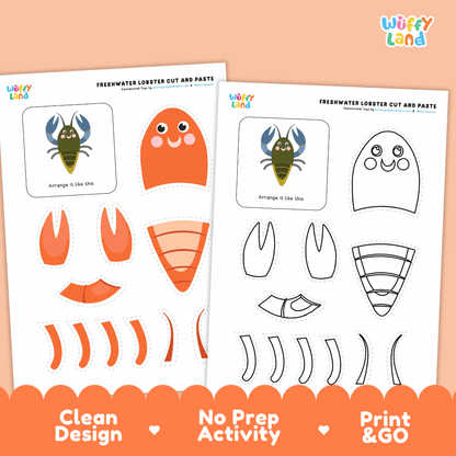 Freshwater Lobster Cut and Paste Craft and Coloring Activity Worksheets