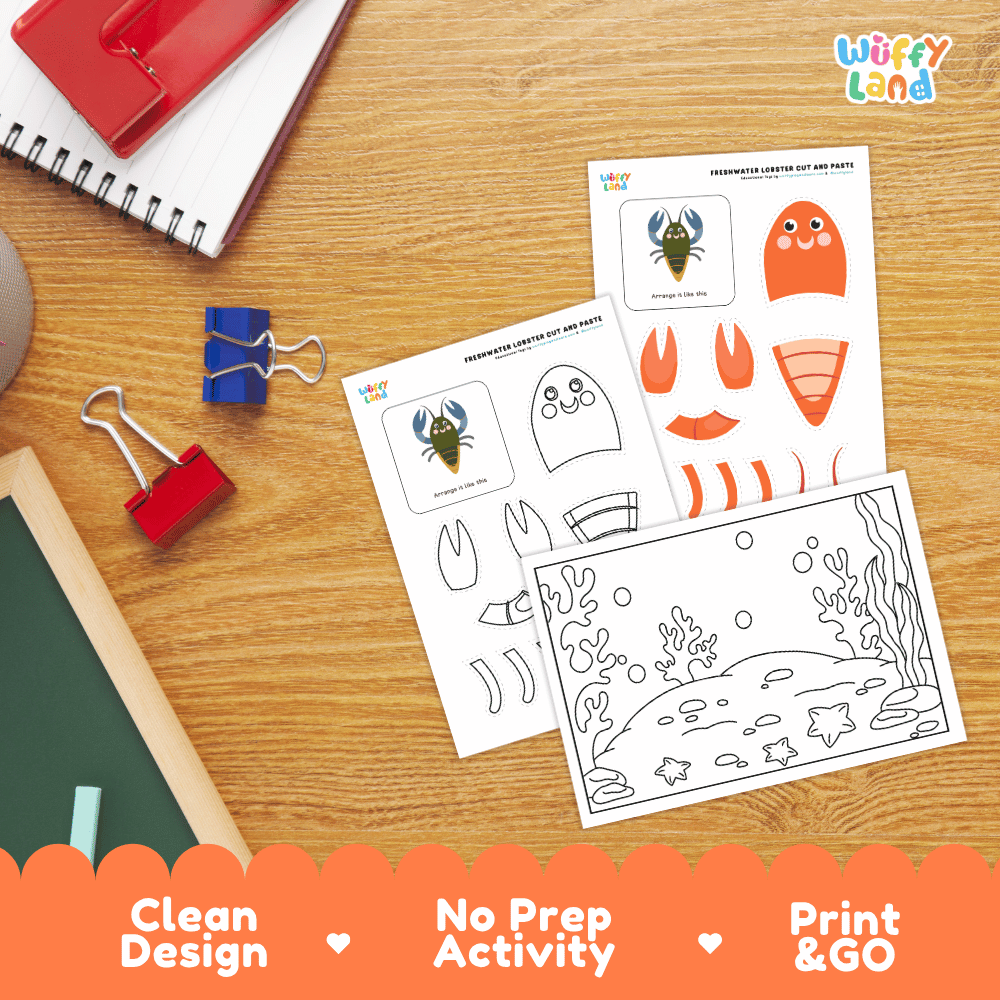 Freshwater Lobster Cut and Paste Craft and Coloring Activity Worksheets
