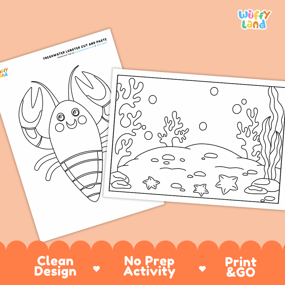 Freshwater Lobster Cut and Paste Craft and Coloring Activity Worksheets