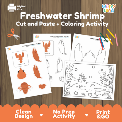 Freshwater Shrimp Cut and Paste Craft and Coloring Activity Worksheets