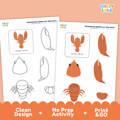Freshwater Shrimp Cut and Paste Craft and Coloring Activity Worksheets