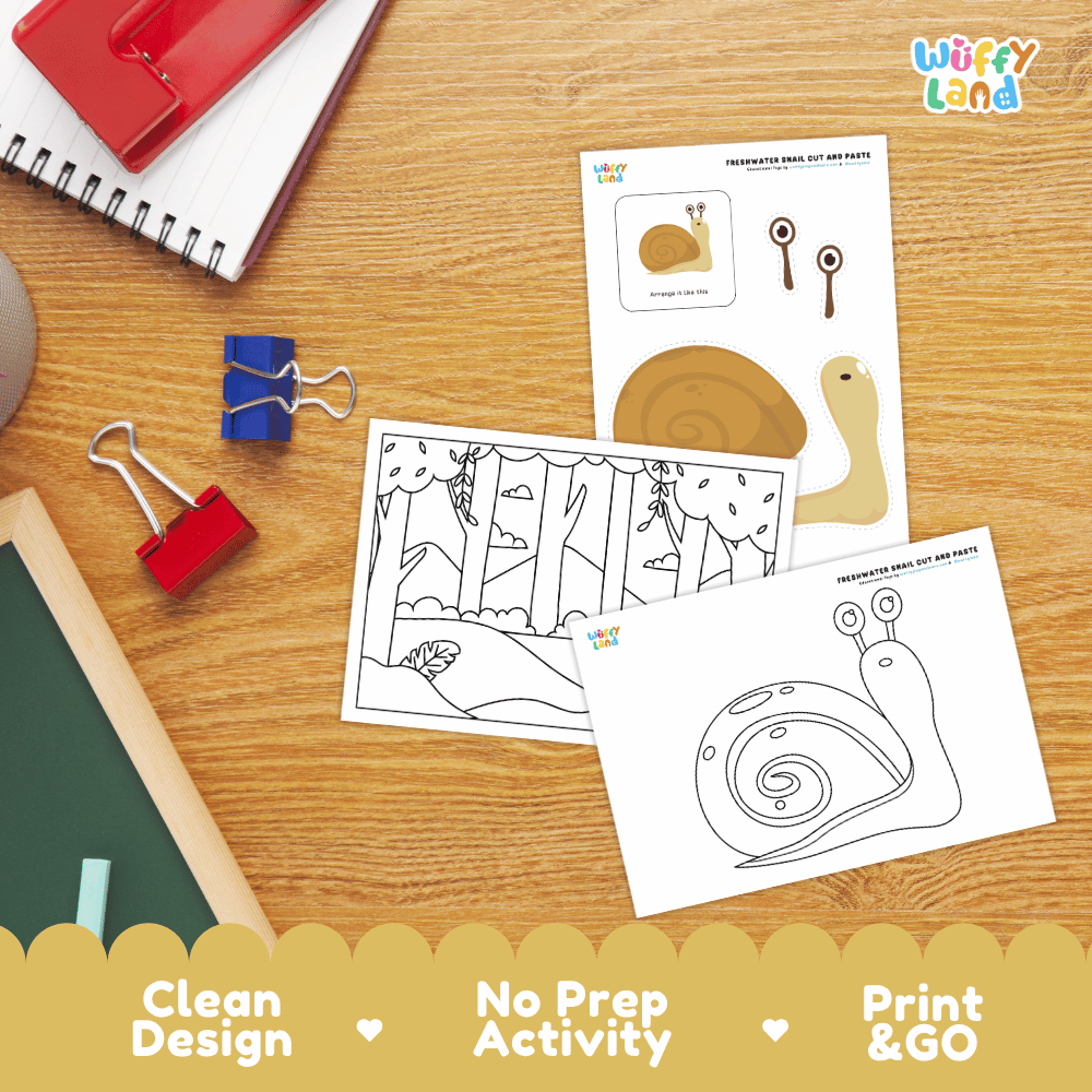 Freshwater Snail Cut and Paste Craft and Coloring Activity Worksheets