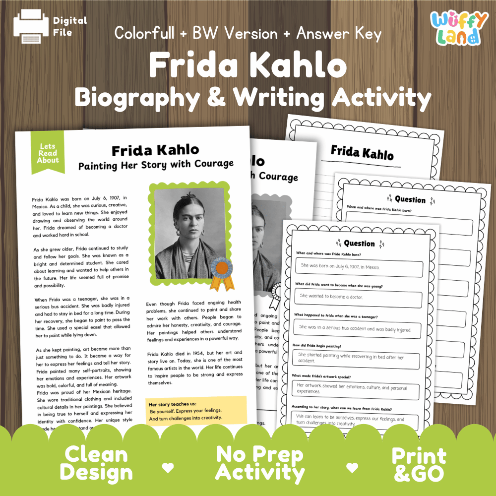 Frida Kahlo Biography Reading Passage and Writing Activity Worksheets