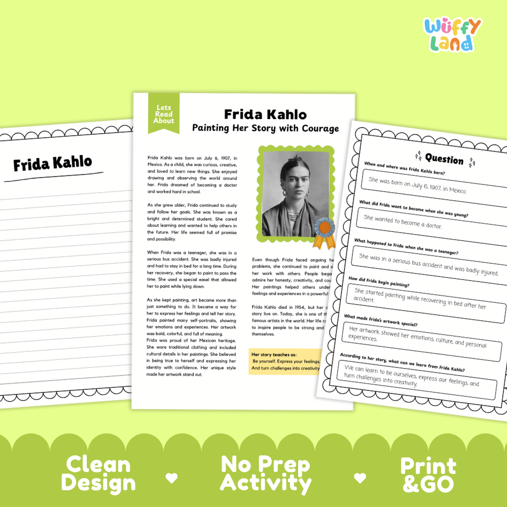 Three printable educational activity sheets about Frida Kahlo, displayed on a light green background with decorative text banners at the bottom. The center sheet is titled 'Frida Kahlo Painting Her Story with Courage' and includes a portrait photo of Frida Kahlo, while the left and right sheets show text and question activities.