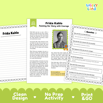 Three printable educational activity sheets about Frida Kahlo, displayed on a light green background with decorative text banners at the bottom. The center sheet is titled 'Frida Kahlo Painting Her Story with Courage' and includes a portrait photo of Frida Kahlo, while the left and right sheets show text and question activities.