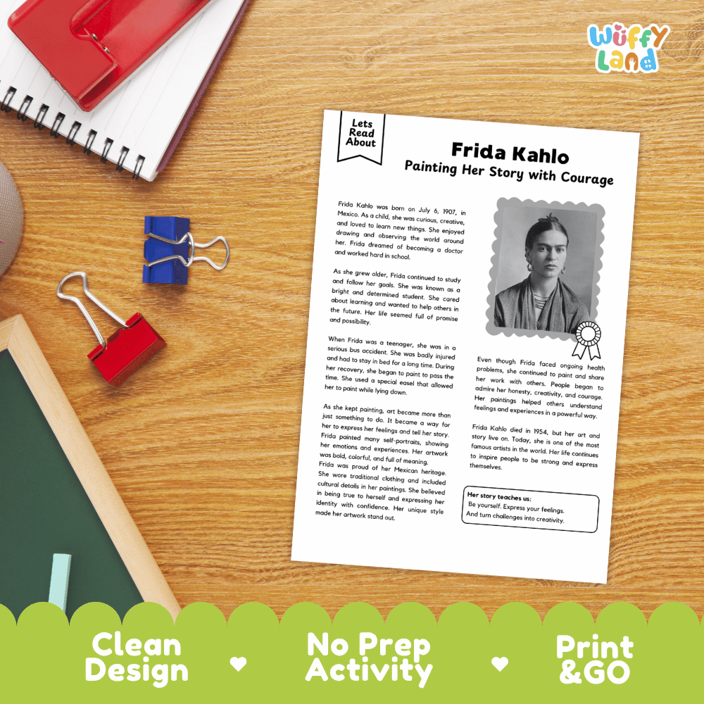A printed educational activity sheet titled 'Frida Kahlo - Painting Her Story with Courage' laid on a wooden desk with school supplies around it. The sheet includes a small portrait photo, body text, and a ribbon graphic.
