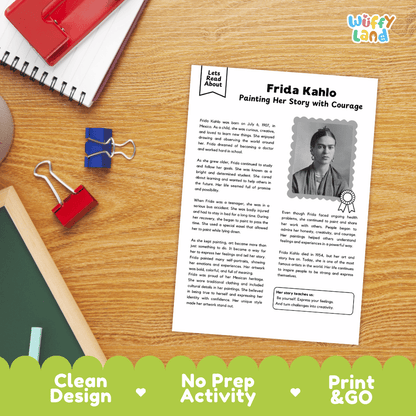 A printed educational activity sheet titled 'Frida Kahlo - Painting Her Story with Courage' laid on a wooden desk with school supplies around it. The sheet includes a small portrait photo, body text, and a ribbon graphic.