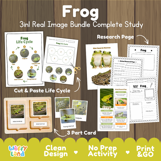 Frog 3-in-1 real image bundle complete study cover showing cut and paste life cycle, 3 part cards, and research pages