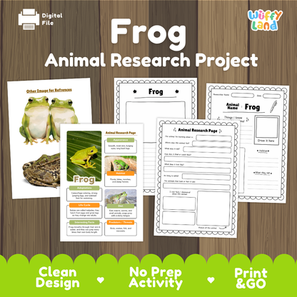 Frog Animal Research Project digital file cover on a wood background, showing sample worksheet pages and reference cards with frogs, plus the text 'Frog Animal Research Project' and a 'Witty Land' logo.