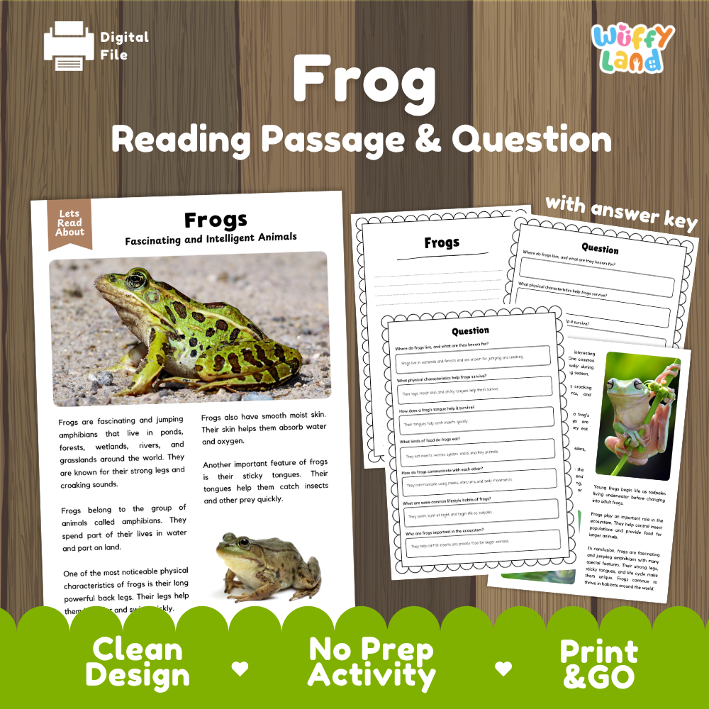 Frog Reading Passage and Comprehension Questions Worksheets with Answer Key