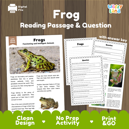 Frog Reading Passage and Comprehension Questions Worksheets with Answer Key