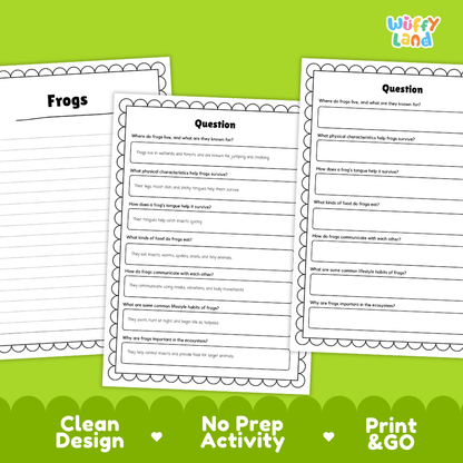 Frog Reading Passage and Comprehension Questions Worksheets with Answer Key