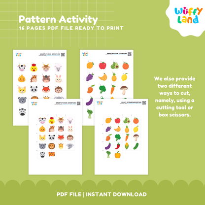 Early learning pattern reference cards featuring fruit basket and farm animal arrangements for token matching 🍇🐮