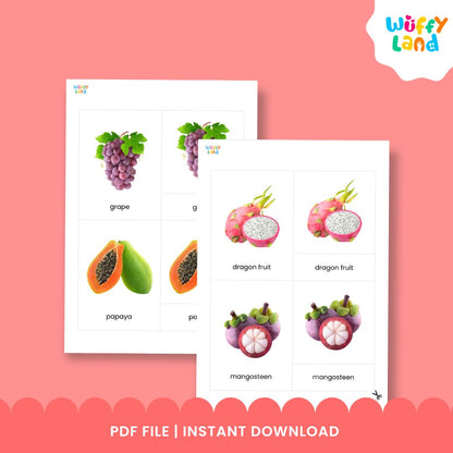 Fruit matching cards for preschool and kindergarten with realistic pictures and separate word labels for vocabulary practice