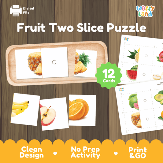 Fruit two slice puzzle printable realistic fruit matching activity pack overview from Wuffy Land featuring 12 cards 🍍🍎